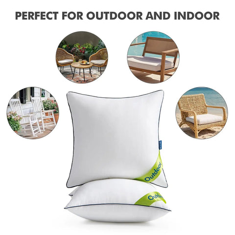 Outdoor 18x18 Inch Waterproof Pillow Inserts Pack Of 2 for patio, garden, sofa cushions, shown with decorative throw examples.