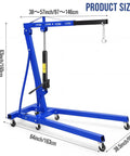 2 Ton Engine Hoist Foldable Cherry Picker For Auto Shop Heavy Duty Hydraulic Engine Lift Crane For Garage Work Portable 4400 Lb Capacity Automotive Crane, blue hydraulic lift with measurements shown.
