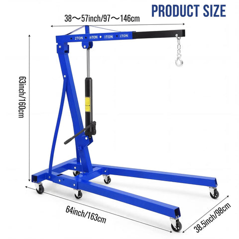 2 Ton Engine Hoist Foldable Cherry Picker For Auto Shop Heavy Duty Hydraulic Engine Lift Crane For Garage Work Portable 4400 Lb Capacity Automotive Crane, blue hydraulic lift with measurements shown.