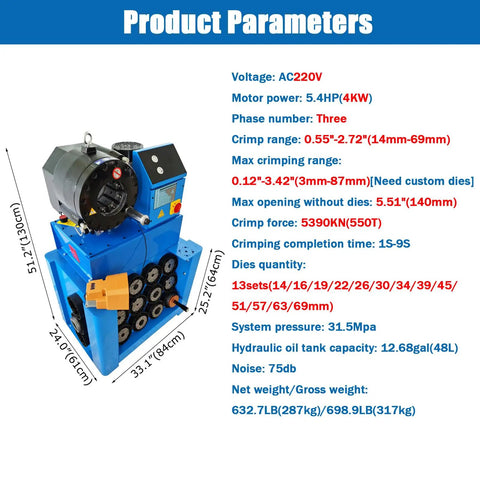 Heavy Duty Hydraulic Hose Crimping Machine Badass Vertical Electric Press With Hella Precise Foot Pedal Control Top Tier 13 Die Set dimensions and parameters.