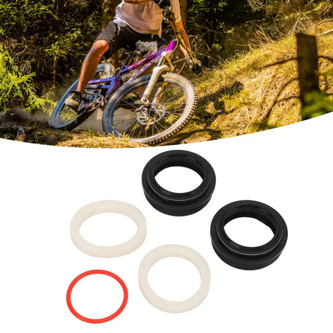 32mm Front Fork Dust Wiper Kit for Suspension Forks, shown with rubber seals and foam rings in outdoor biking scene.