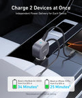 Retractable USB C Car Charger Delivers 75W Max Fast Charging With Built In Cable shown in car charging MacBook Air and iPhone