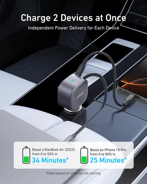 Retractable USB C Car Charger Delivers 75W Max Fast Charging With Built In Cable shown in car charging MacBook Air and iPhone