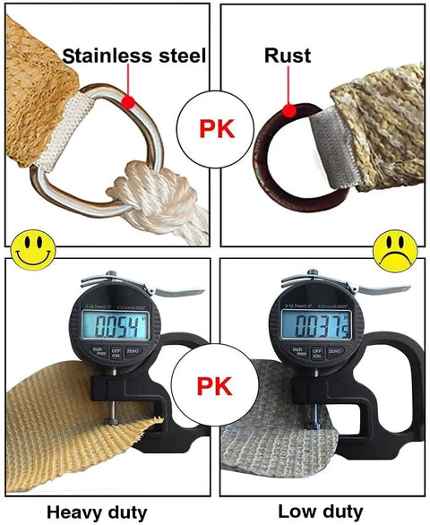 Comparison of stainless steel and rusty grommets with thickness measurement on 6 Ft By 16 Ft Rectangle Sun Shade Sail Canopy