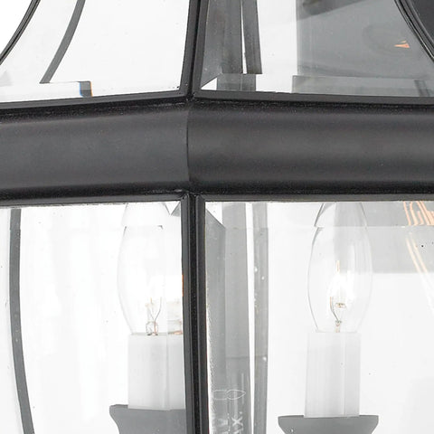 Close-up of the Newbury 20 Inch Outdoor Wall Lantern Two-Light Mystic Black With Clear Beveled Glass showcasing E12 bulb details