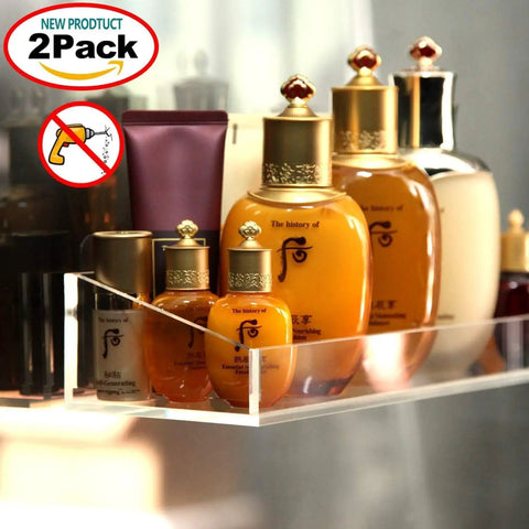 Clear Acrylic Bathroom Shelves Set Of 2 15x4 Inches Floating Wall Shelves holding skincare items, no drill installation, easy to install.