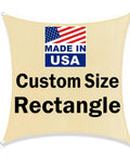 Made in USA rectangle shade sail, custom size option available, highlighting manufacturing origin with visible text and flag image.