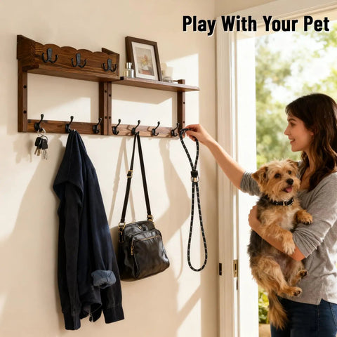 Woman organizing dog leash on 28 Inch Wall Mount Coat Rack With Shelf And Key Mail Organizer Wood Entryway Hanger With Seven Hooks And Three Key Hooks For Living Room Or Bedroom A Durable Wall Mounted Coat Rack For Hats Bags Coats And More