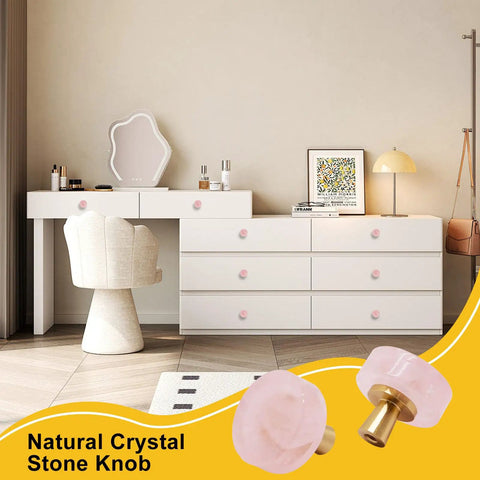 Rose Quartz Cabinet Knobs Set Pink Crystal Drawer Pulls With Brushed Brass Base on white dresser and vanity