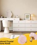 Pink Rose Quartz Cabinet Knobs 2 Pack With Brushed Brass Base on white drawers in modern bedroom