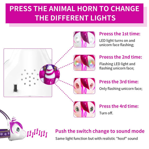 Unicorn LED Headlamp, toy style with animal horn button, features 3 lighting modes for kids and adults, fun light gear.