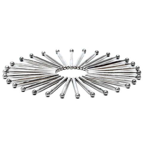 30 Piece Ball Shape Diamond Burr Set For Rotary Tools arranged in a circular display, showing metal shanks and diamond-coated tips.