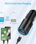 Hefty 48W Cigarette Lighter Car Charger Hooked Up To A Zippy 20W Wall Adapter Feeding Dual PD 3.0 Fast Charge Ports Plus Two Three Point Three Foot Type C Cables For Dead Simple Everyday Travel Power image showcasing PD 3.0 fast charging technology with two devices.