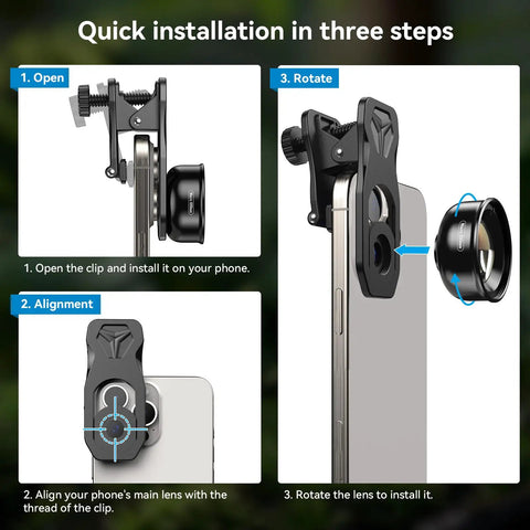 Smartphone Macro Lens With Five Element Glass Coated Optics showing clip-on attachment and installation on phone