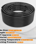 Coiled black tubing labeled Nylon DOT Air Line Three Eighths Inch Outer Diameter Pneumatic Tubing 100 Feet 30.5 Meter SAE J844 Compliant Air Hose For DOT Air Brake Systems High Temperature Flexibility And High Pressure Durability.
