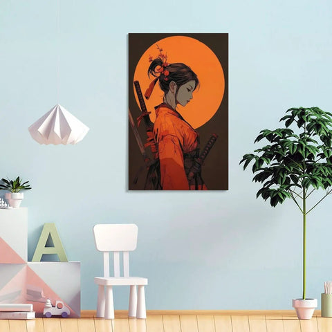 Anime Samurai Girl Sunset Canvas Wall Art Prints Fade Resistant Classical Home Decor For Bedroom Bathroom Living Room Office 12x18 Inch in modern interior.