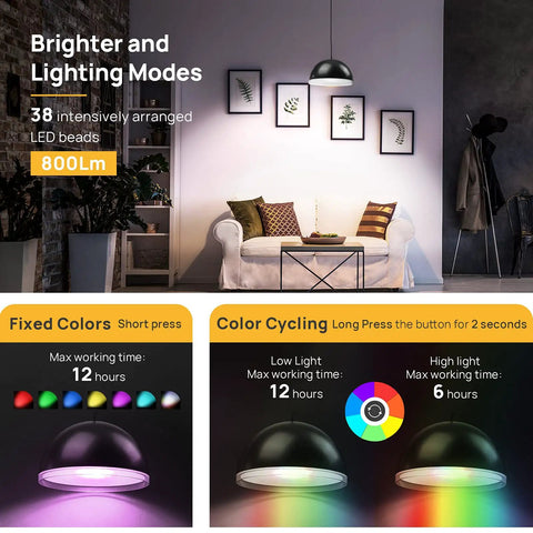 Indoor setup with Three In One Solar Powered Pendant Light Multicolor RGBW Dusk To Dawn, showing lighting modes and color options.
