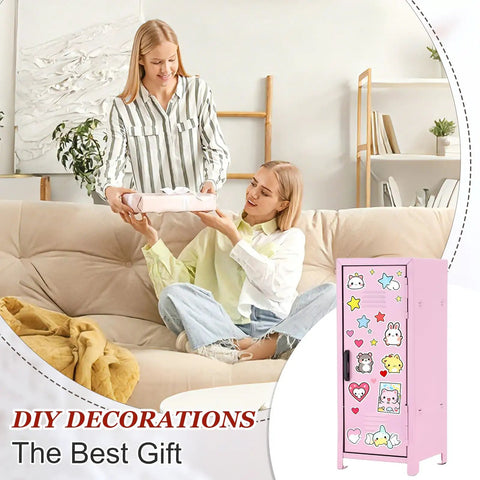Amp Up Your Desk Setup With This Super Cute Mini Metal Locker Set Of Two Compact Desktop Money Safe With Lock Keys Premium Gloss Stash Box For Cash Jewelry Snacks Light Pink And Yellow, pink mini metal locker with stickers.