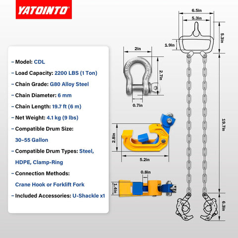 Heavy Duty One Ton Drum Lifter Clamp With G80 Chains For Steel And Plastic Barrels, detailed product specifications and dimensions.
