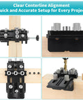 Self Centering Dowel Jig Kit With 1/4 3/8 1/2 Drill Bushings For Flawless Woodworking Joints Hassle Free Diy Furniture Assembly Cabinet Making, showing centerline alignment setup.