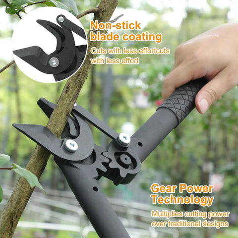 Close-up of Heavy Duty Three Piece Garden Tool Set With Lopper, Hedge Shears And Pruning Saw For Tree Branches, Carbon Steel Blades