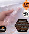 Clear Plastic Sheeting Roll 12 By 100 Feet Heavy Duty 4 Mil Poly Sheet Waterproof Dustproof Vapor Barrier For Construction Painting And Industrial Use Job Site Ready shown with hand demonstrating thickness.