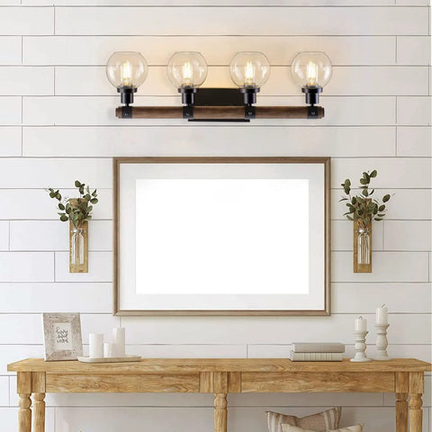 Farmhouse Wood Vanity Light Fixture With Four Lamps Over Mirror, Rustic Sconce Lighting With Clear Glass Shades, E26 Base