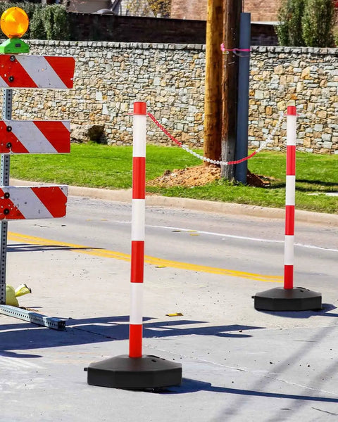 4 Pack Traffic Delineator Posts And Cones With Fillable Bases Beefy Heavy Duty Expandable Safety Barrier Kit With 8 Foot Plastic Chain