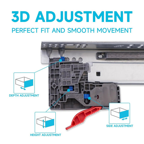 Close-up of Six Pairs 18 Inch Undermount Soft Close Drawer Slides Full Extension Ball Bearing Hidden Rails with 3D Adjustable Locking Devices