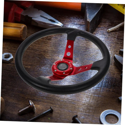 Dope 14 Inch PU Racing Steering Wheel For Cars Golf Carts And Trucks, Ergonomic Grip, Red Finish With Horn Button on table