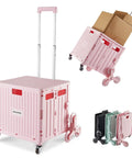 Foldable Utility Cart With Stair Climbing Wheels Telescoping Handle And Collapsible Rolling Trolley Pink For Grocery Shopping Storage On The Go Everyday Use, shown with boxes, folded flat in assorted colors