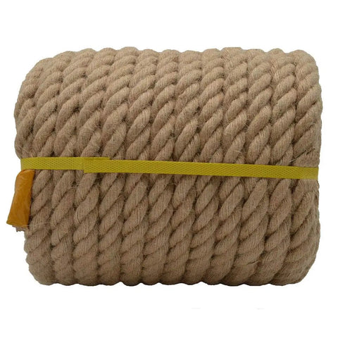 100 Percent Natural Hemp Rope Thick 1 Inch By 100 Ft Heavy Duty Manila Jute Rope rolled and secured with yellow strap