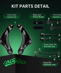 Front End Suspension Kit For 2011 2017 Nissan Juke And 2011 2013 Nissan Leaf 10 Piece Upgrade Includes 2 Lower Control Arms With Ball Joints, 2 Sway Bar Links And 4 Outer Inner Tie Rod Ends displayed on green background.