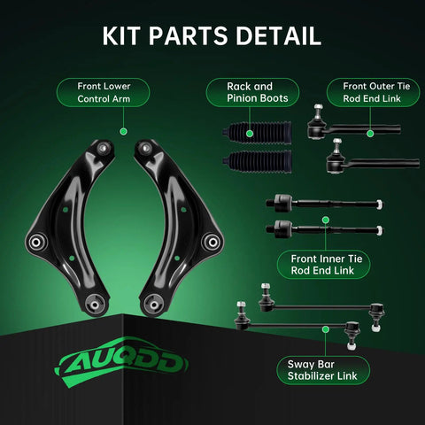 Front End Suspension Kit For 2011 2017 Nissan Juke And 2011 2013 Nissan Leaf 10 Piece Upgrade Includes 2 Lower Control Arms With Ball Joints, 2 Sway Bar Links And 4 Outer Inner Tie Rod Ends displayed on green background.