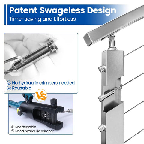 Swageless Invisible Cable Railing Kit With 1/8 Inch Cable, T316 Stainless Steel Fittings, Tensioner And Terminal, Hidden Hardware CB05