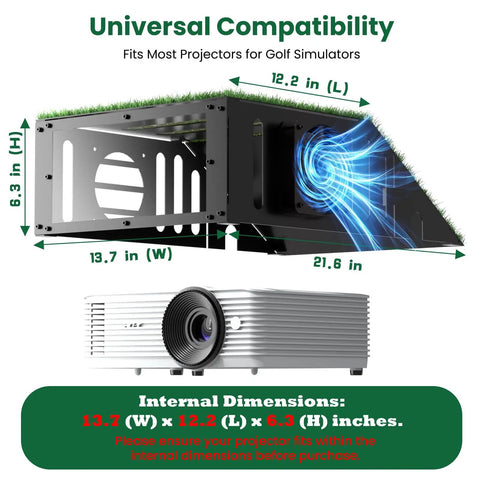 Heavy Duty Floor Mounted Golf Simulator Enclosure With Turf, Projector Cover, And Quiet Cooling Fan dimensions illustration