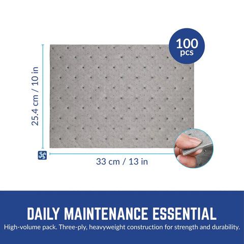 Universal Heavy Duty Absorbent Pads For Pro Jobs, 13 By 10 Inches, Three Ply, 100 Count, Maximum Spill Absorption For Oil, Chemicals, And Solvents, Built For Extra Heavy Spills And Quick Cleanups In High Traffic Areas
