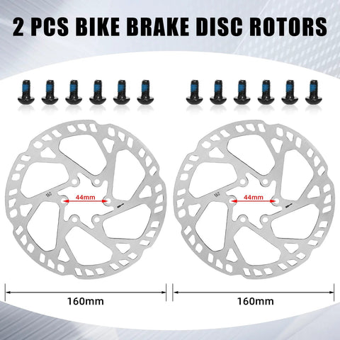 Two 160mm MTB bike brake rotors for front and rear with 6-bolt mounting holes and screws