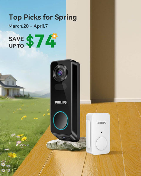 Dual Cameras 2K QHD Video Doorbell With Motion Detection, Chime Included, No Monthly Fees displayed on a sunny outdoor setting