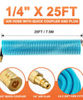 Heavy Duty 1/4 Inch X 25 Foot Blue Coiled Air Hose Quick Connect Coupler with auto retract design, polyurethane material.