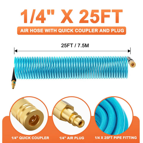 Heavy Duty 1/4 Inch X 25 Foot Blue Coiled Air Hose Quick Connect Coupler with auto retract design, polyurethane material.