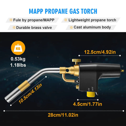 Heavy Duty High Intensity Mapp Gas Propane Torch with brass head and ergonomic handle, dimensions displayed, for welding and cooking.