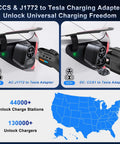 CCS & J1772 to Tesla Adapter showing charging connections, highlighting 250kW DC charging for universal access.