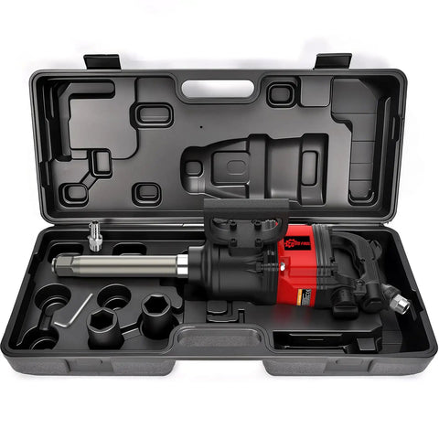 One Inch Air Impact Wrench Built Tough As Nails For Heavy Duty Repair Shops Packing 3550 Ft Lbs Of Hammering Power And 5000 Rpm Free Speed with socket set in case.