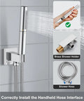 High Pressure Shower System With 10 Inch Rain Head And 2 In 1 Handheld Sprayer Wall Mount Fixture Rough In Valve Built To Last Polished Chrome Shower Kit 304 Stainless Steel Construction, showing handheld sprayer and brass holder