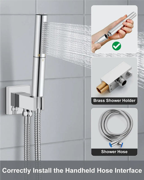 High Pressure Shower System With 10 Inch Rain Head And 2 In 1 Handheld Sprayer Wall Mount Fixture Rough In Valve Built To Last Polished Chrome Shower Kit 304 Stainless Steel Construction, showing handheld sprayer and brass holder