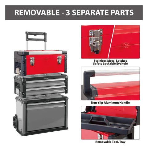 Portable Rolling Garage Tool Organizer Cart With 3 Drawers, Stackable Upright Toolbox in steel and plastic, detail views
