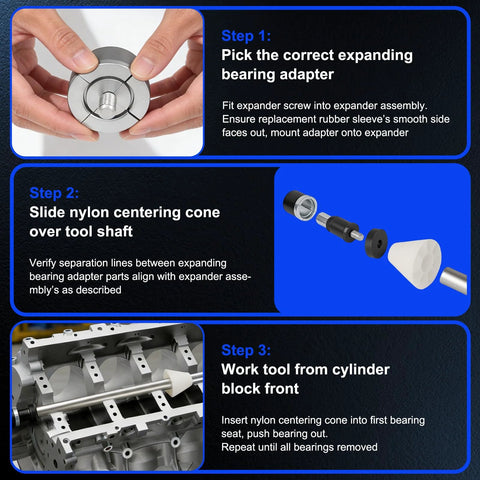 Guide to using Universal Cam Bearing Installation And Removal Tool Kit with step-by-step visuals and detailed instructions.