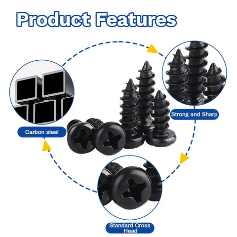 Top Shelf Self Tapping Screws Assortment Kit Featuring Premium Phillips Pan Head Hardware And Durable Black Carbon Steel Metric Screw Set For Wood Plastic Metal Diy Furniture Cabinets That Give Bang For Your Buck, showcasing black carbon steel screws with standard cross head.