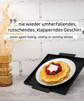 "Porcelain Magnetic Plates Set Of Two Non Slip Stackable For Camping RV Life And Boating No More Rattling Crockery Peace Of Mind On Choppy Seas And Big Trips Durable Dinnerware For Busy Campers And Sailors" displayed with waffles and fruit topping.